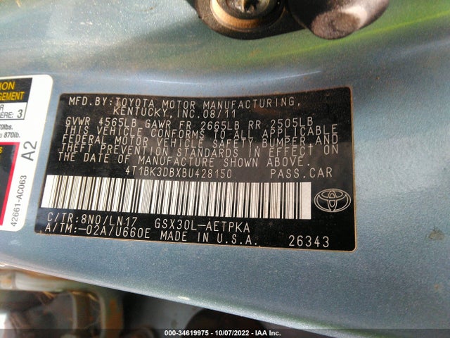 2011 TOYOTA AVALON VIN: 4T1BK3DBXBU428150