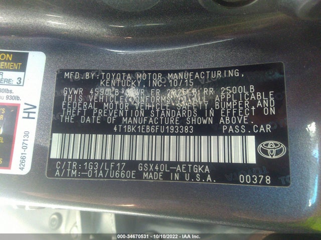 2015 TOYOTA AVALON LIMITED VIN: 4T1BK1EB6FU193383
