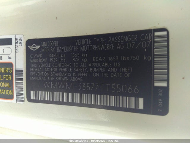Mini COOPER HARDTOP 2007 WMWMF33577TT55066 Image 10