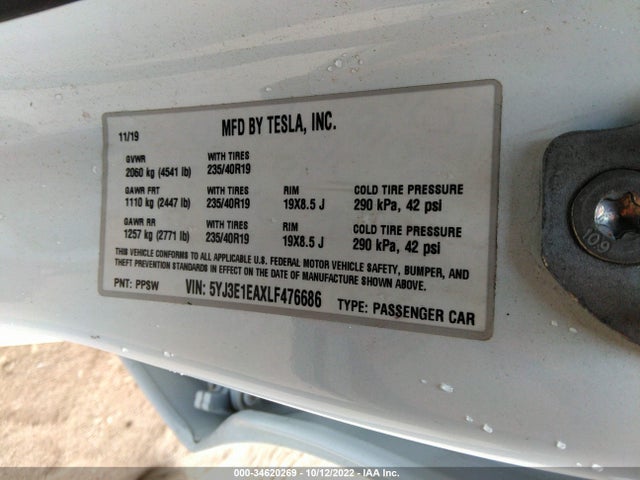 Tesla Model 3 Standard Range 2020 5YJ3E1EAXLF476686 Image 9
