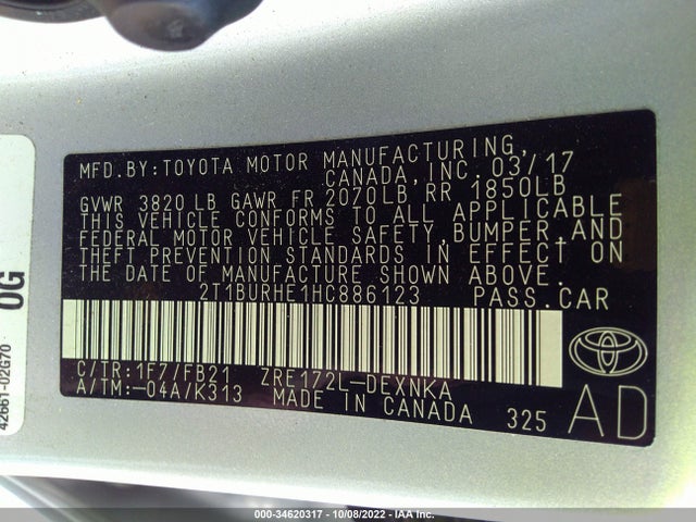 2017 TOYOTA COROLLA L/LE/XLE/SE VIN: 2T1BURHE1HC886123