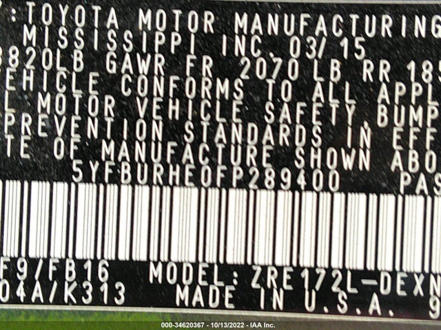 Toyota Corolla L/le/s/s Plus/le Plus 2015 5YFBURHE0FP289400 Image 10