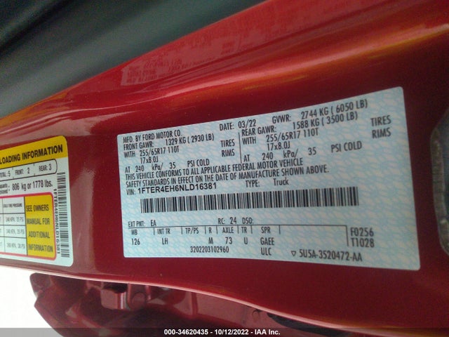 2022 Ford Ranger, VIN: 1FTER4EH6NLD16381