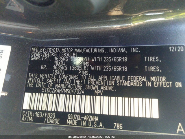 2021 Toyota Highlander, VIN: 5TDCZRAH7MS047024