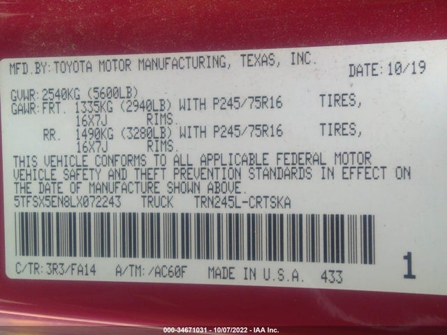 2020 TOYOTA TACOMA 4WD SR/SR5 VIN: 5TFSX5EN8LX072243