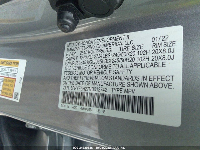 2022 Honda Pilot, VIN: 5FNYF5H27NB012742