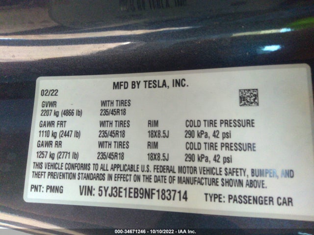 Tesla MODEL 3 2022 5YJ3E1EB9NF183714 Image 9