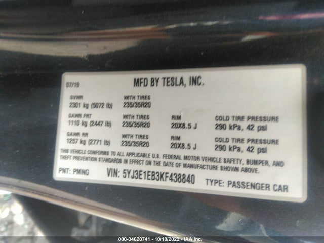 Tesla Model 3 Long Range/performance 2019 5YJ3E1EB3KF438840 Image 9