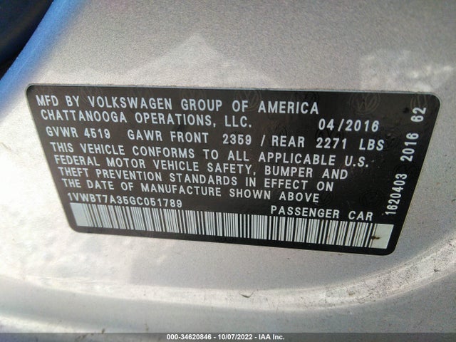 1VWBT7A35GC051789 Volkswagen Passat 1.8t Se