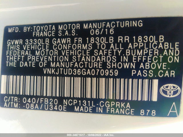 2016 Toyota Yaris, VIN: VNKJTUD36GA070959