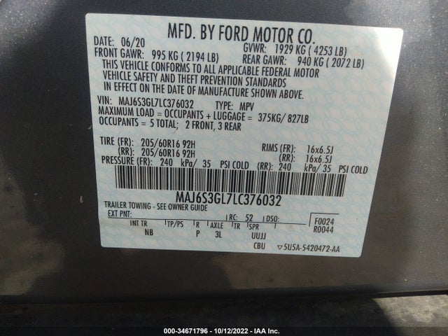 2020 Ford Ecosport, VIN: MAJ6S3GL7LC376032