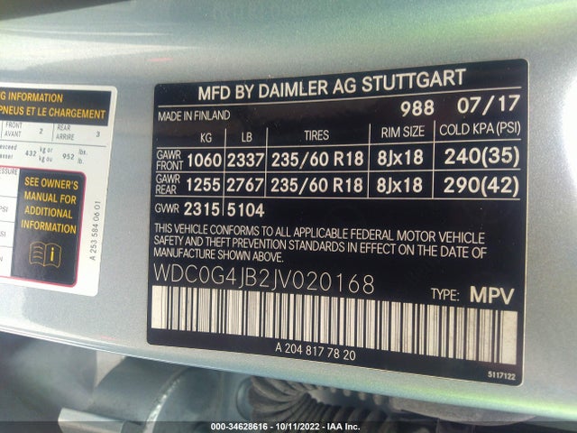 2018 Mercedes-Benz GLC-Class, VIN: WDC0G4JB2JV020168