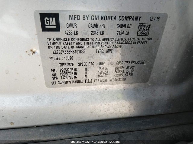 Chevrolet TRAX LS 2017 KL7CJKSB6HB101836 Image 9