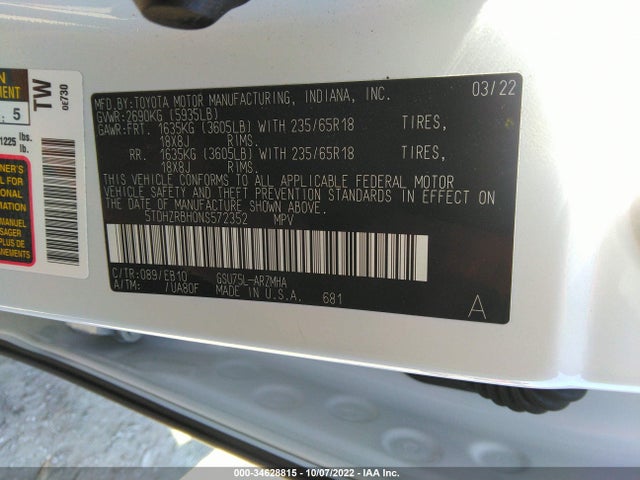2022 Toyota Highlander, VIN: 5TDHZRBH0NS572352