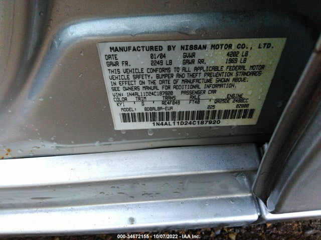 2004 NISSAN ALTIMA SL VIN: 1N4AL11D24C187920