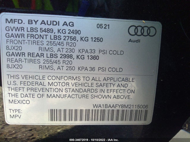 2021 Audi Q5, VIN: WA1BAAFY8M2115006