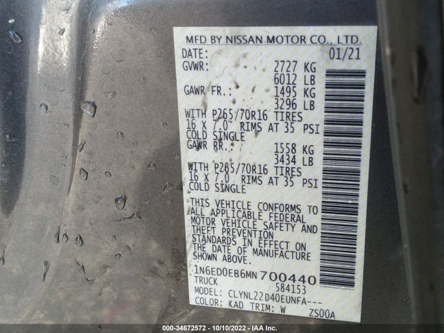 2021 Nissan Frontier, VIN: 1N6ED0EB6MN700440