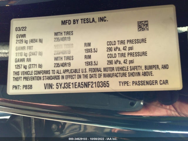 Tesla MODEL 3 2022 5YJ3E1EA5NF210365 Image 9