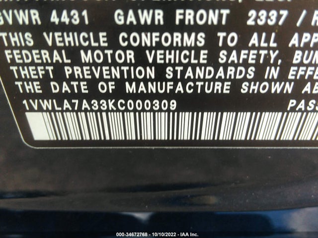 2019 Volkswagen Passat, VIN: 1VWLA7A33KC000309