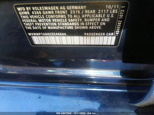 2012 VOLKSWAGEN CC SPORT PZEV VIN: WVWMP7AN0CE546644