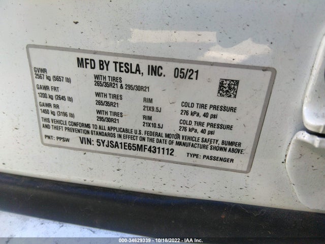 Tesla Model S Plaid 2021 5YJSA1E65MF431112 Image 9