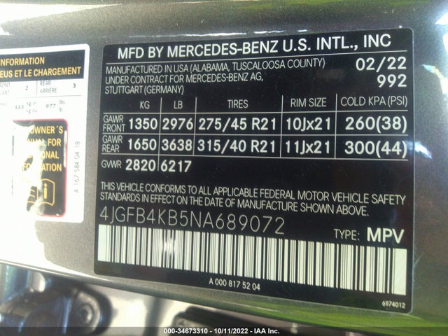 2022 Mercedes-Benz GLE-Class, VIN: 4JGFB4KB5NA689072