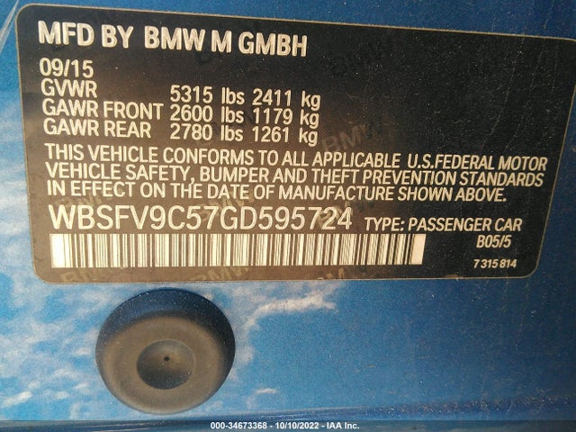 2016 BMW M5, VIN: WBSFV9C57GD595724