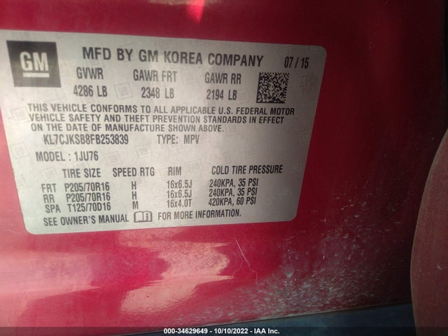 2015 Chevrolet Trax, VIN: KL7CJKSB8FB253839