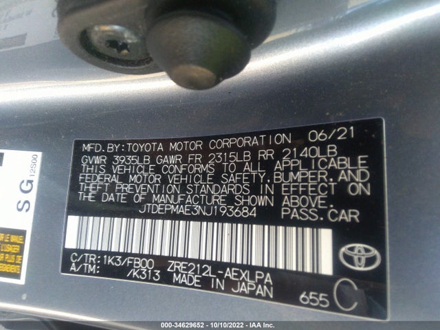 2022 TOYOTA COROLLA LE VIN: JTDEPMAE3NJ193684