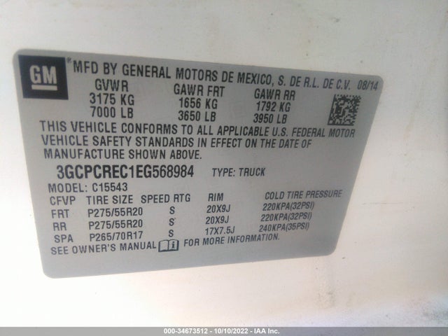 2014 CHEVROLET SILVERADO 1500 LT VIN: 3GCPCREC1EG568984
