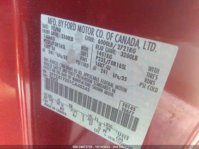 2001 FORD F-150 XL/XLT VIN: 2FTZX17251CA40343