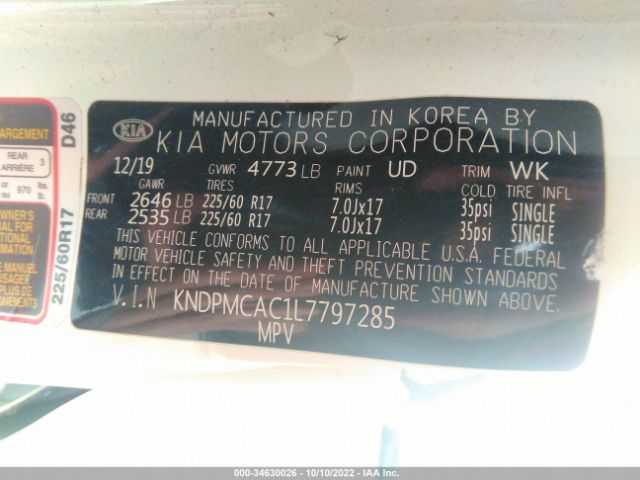 KNDPMCAC1L7797285 KIA Sportage Lx
