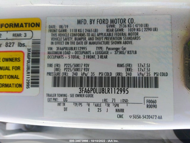 2020 FORD FUSION HYBRID SE VIN: 3FA6P0LU8LR112995
