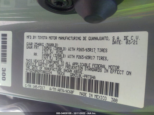 2021 TOYOTA TACOMA 4WD SR5/TRD SPORT VIN: 3TYDZ5BN2MT002224
