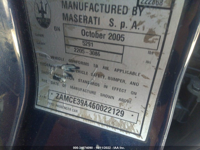 2006 MASERATI QUATTROPORTE M139 VIN: ZAMCE39A460022129