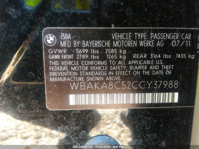 2012 BMW 7 SERIES 750I VIN: WBAKA8C52CCY37988