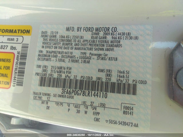 Ford FUSION S 2020 3FA6P0G78LR144110 Image 9