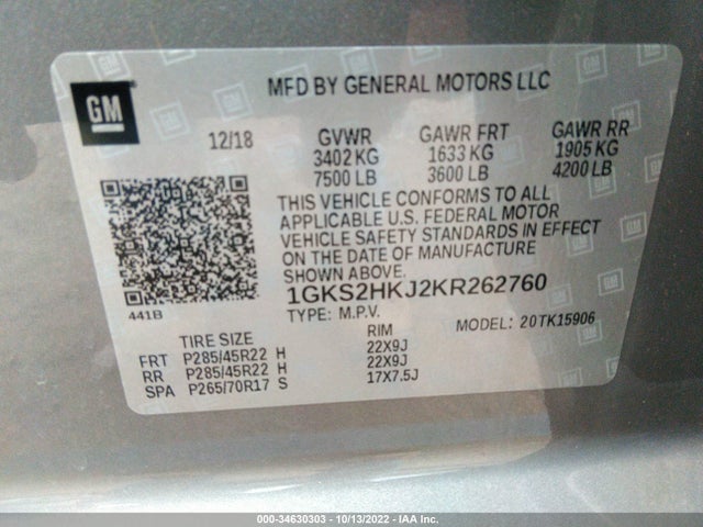 1GKS2HKJ2KR262760 GMC l86 - spark ignited direct injection, variable valve timing, afm, e85max, alum