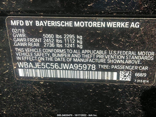 2018 BMW 5 Series, VIN: WBAJE5C56JWA95978