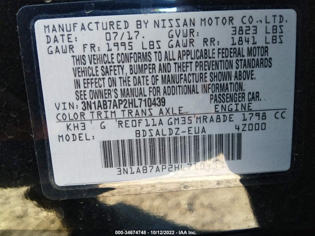 34674748 :رقم المزاد ، 3N1AB7AP2HL710439 vin ، 2017 Nissan Sentra Sv مزاد بيع