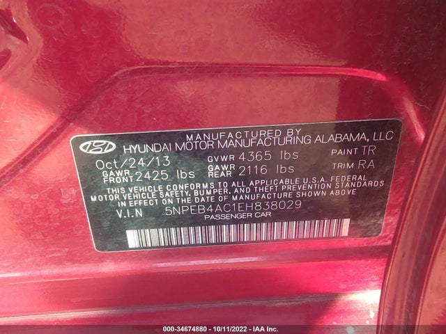 Hyundai SONATA GLS 2014 5NPEB4AC1EH838029 Image 11