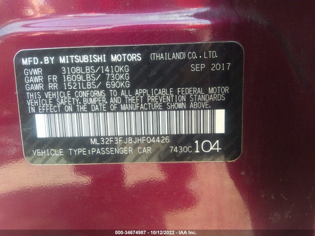 ML32F3FJ8JHF04426 Mitsubishi Mirage G4 Es