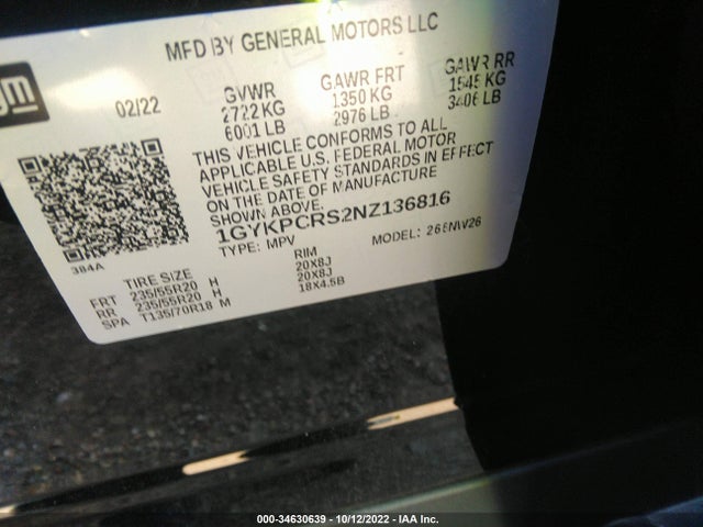 2022 Cadillac XT6, VIN: 1GYKPCRS2NZ136816