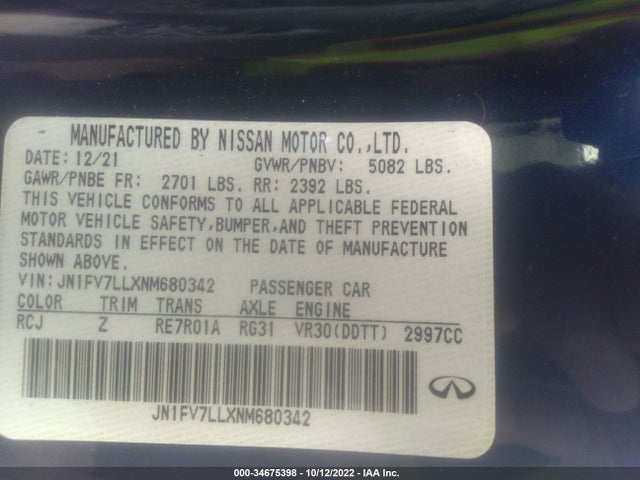 2022 Infiniti Q60, VIN: JN1FV7LLXNM680342