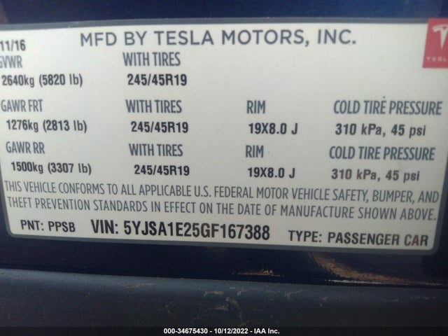 Tesla Model S 90d/70d/75d/60d/85d 2016 5YJSA1E25GF167388 Image 9