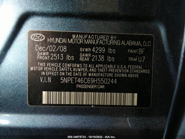 2009 HYUNDAI SONATA GLS VIN: 5NPET46C69H550244