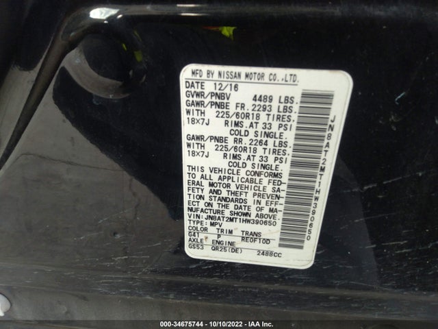 2017 NISSAN ROGUE SL VIN: JN8AT2MT1HW390650