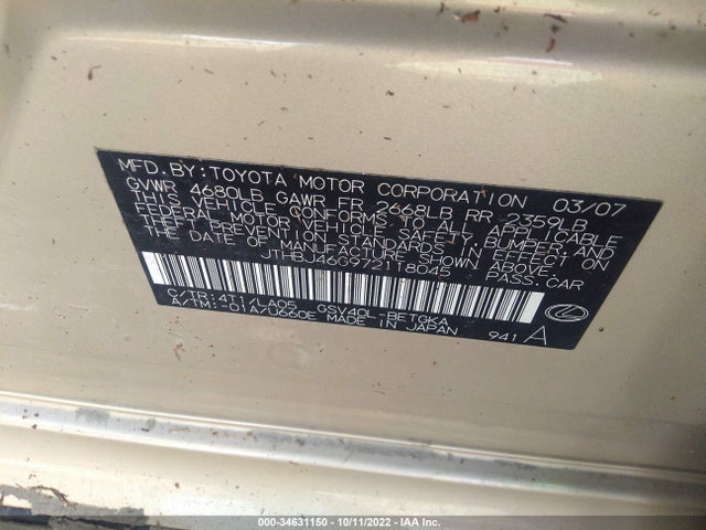 Lexus ES 350 2007 JTHBJ46G972118045 Image 10