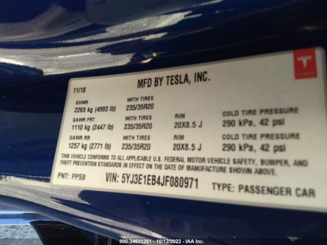 Tesla MODEL 3 2018 5YJ3E1EB4JF080971 Image 10