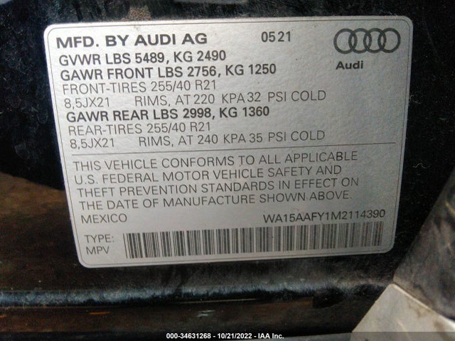 2021 Audi Q5, VIN: WA15AAFY1M2114390